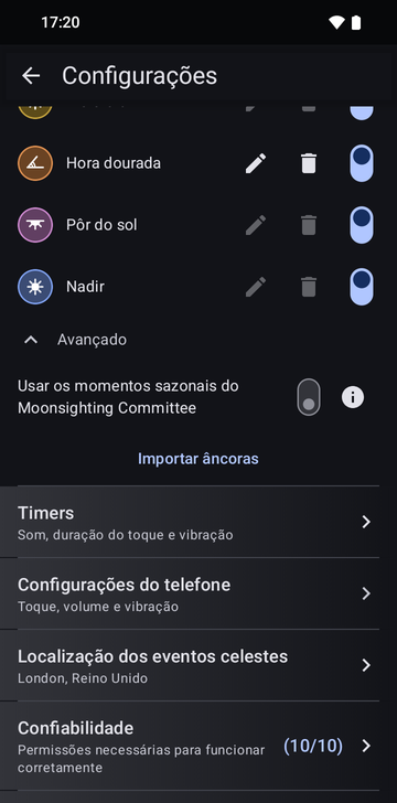 As configurações do Risetime, seção Âncoras, com Avançado aberto e o botão Importar âncoras visível, acima de Timers, Configurações do telefone, Localização dos eventos celestes e Confiabilidade (10/10).