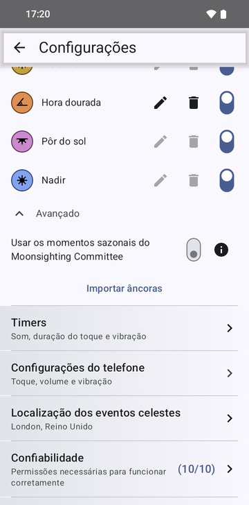 As configurações do Risetime, seção Âncoras, com Avançado aberto e o botão Importar âncoras visível, acima de Timers, Configurações do telefone, Localização dos eventos celestes e Confiabilidade (10/10).