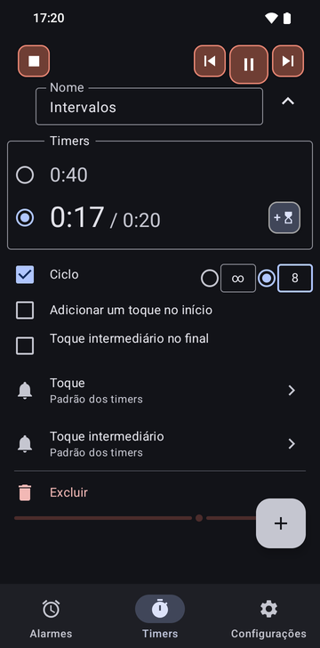 A sequência Intervalos aberta na aba Timers do Risetime: seus dois timers, 0:40 rodando em 0:32 e 0:20, Ciclo ativado em 8 voltas (a outra opção é ilimitado), Adicionar um toque no início e Toque intermediário no final desligados, e as linhas Toque e Toque intermediário em Padrão dos timers.