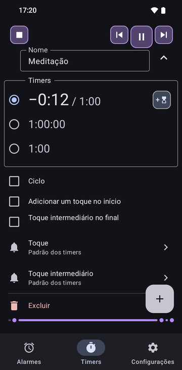 A sequência Meditação aberta na aba Timers do Risetime: seus três timers, 1:00 em contagem regressiva, 1:00:00 e 1:00, com Ciclo, Adicionar um toque no início e Toque intermediário no final todos desligados, e as linhas Toque e Toque intermediário em Padrão dos timers.