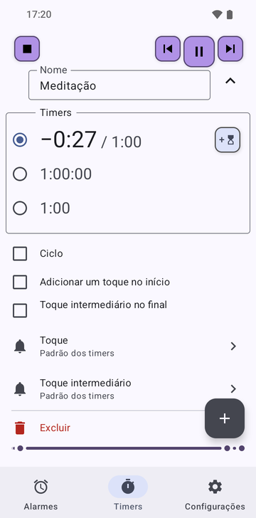 A sequência Meditação aberta na aba Timers do Risetime: seus três timers, 1:00 em contagem regressiva, 1:00:00 e 1:00, com Ciclo, Adicionar um toque no início e Toque intermediário no final todos desligados, e as linhas Toque e Toque intermediário em Padrão dos timers.