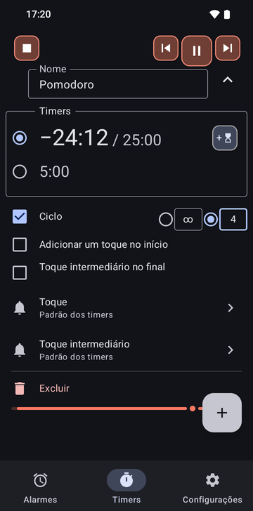A sequência Pomodoro aberta na aba Timers do Risetime enquanto roda: seus dois timers, 25:00 em contagem regressiva e 5:00, Ciclo ativado em 4 voltas (a outra opção é ilimitado), Adicionar um toque no início e Toque intermediário no final desligados, e as linhas Toque e Toque intermediário em Padrão dos timers.