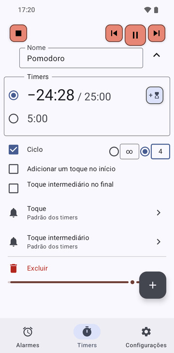 A sequência Pomodoro aberta na aba Timers do Risetime enquanto roda: seus dois timers, 25:00 em contagem regressiva e 5:00, Ciclo ativado em 4 voltas (a outra opção é ilimitado), Adicionar um toque no início e Toque intermediário no final desligados, e as linhas Toque e Toque intermediário em Padrão dos timers.