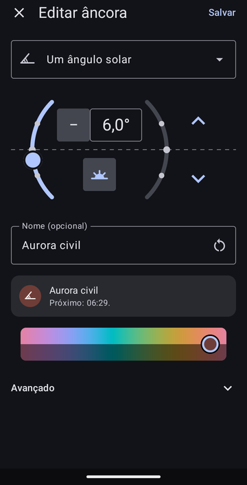 O editor de âncora em Um ângulo solar, ajustado em 6,0° abaixo do horizonte de manhã, chamado Aurora civil, com a prévia: Próximo: 06:29.