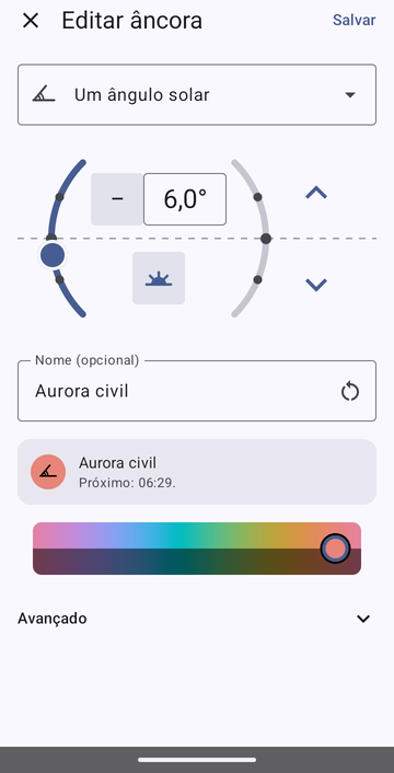 O editor de âncora em Um ângulo solar, ajustado em 6,0° abaixo do horizonte de manhã, chamado Aurora civil, com a prévia: Próximo: 06:29.