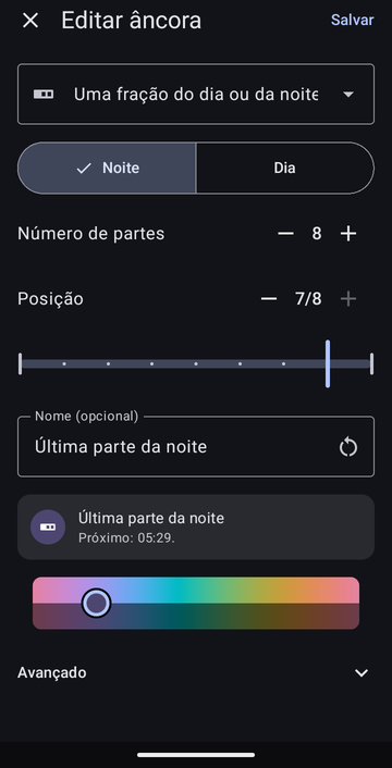 O editor de âncora em Uma fração do dia ou da noite, com Noite selecionado, Número de partes ajustado em 8 e Posição em 7/8, chamado Última parte da noite, com a prévia: Próximo: 05:29.