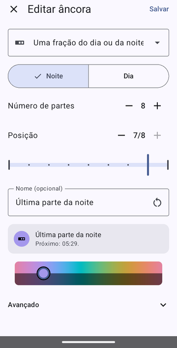O editor de âncora em Uma fração do dia ou da noite, com Noite selecionado, Número de partes ajustado em 8 e Posição em 7/8, chamado Última parte da noite, com a prévia: Próximo: 05:29.