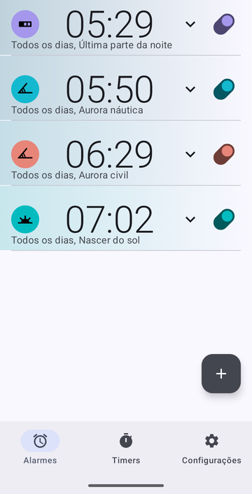Lista de alarmes do Risetime com quatro alarmes, todos os dias: 05:29, Última parte da noite; 05:50, Aurora náutica; 06:29, Aurora civil; e 07:02, Nascer do sol.