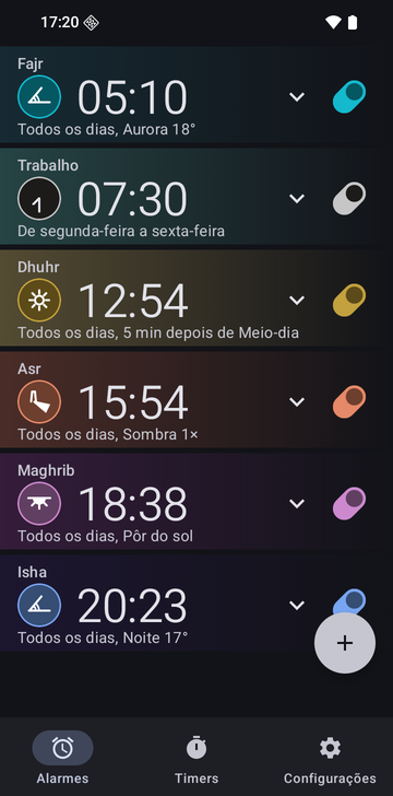 Lista de alarmes do Risetime com seis alarmes: Fajr, 05:10, Aurora 18°; Trabalho, 07:30, de segunda a sexta; Dhuhr, 12:54, 5 min depois de Meio-dia; Asr, 15:54, Sombra 1×; Maghrib, 18:38, Pôr do sol; e Isha, 20:23, Noite 17°. Os alarmes de oração se repetem todos os dias.