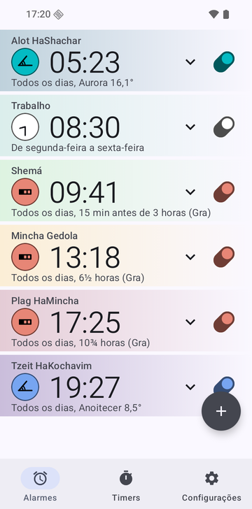 Lista de alarmes do Risetime com seis alarmes: Alot HaShachar, 05:23, Aurora 16,1°; Trabalho, 08:30, de segunda a sexta; Shemá, 09:41, 15 min antes de 3 horas (Gra); Mincha Gedola, 13:18, 6½ horas (Gra); Plag HaMincha, 17:25, 10¾ horas (Gra); e Tzeit HaKochavim, 19:27, Anoitecer 8,5°. Os alarmes dos zmanim se repetem todos os dias.
