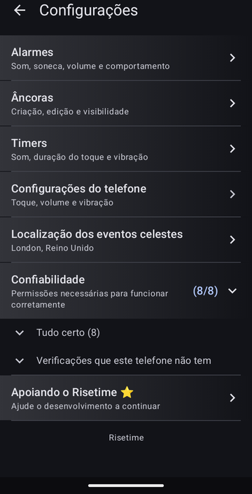 A tela de configurações do Risetime, com as linhas Alarmes, Âncoras, Timers, Configurações do telefone e Localização dos eventos celestes, esta em London, Reino Unido. A linha Confiabilidade, aberta, mostra (8/8) e as duas linhas Tudo certo (8) e Verificações que este telefone não tem. Apoiando o Risetime aparece abaixo, e o rodapé mostra Risetime.