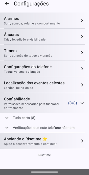 A tela de configurações do Risetime, com as linhas Alarmes, Âncoras, Timers, Configurações do telefone e Localização dos eventos celestes, esta em London, Reino Unido. A linha Confiabilidade, aberta, mostra (8/8) e as duas linhas Tudo certo (8) e Verificações que este telefone não tem. Apoiando o Risetime aparece abaixo, e o rodapé mostra Risetime.
