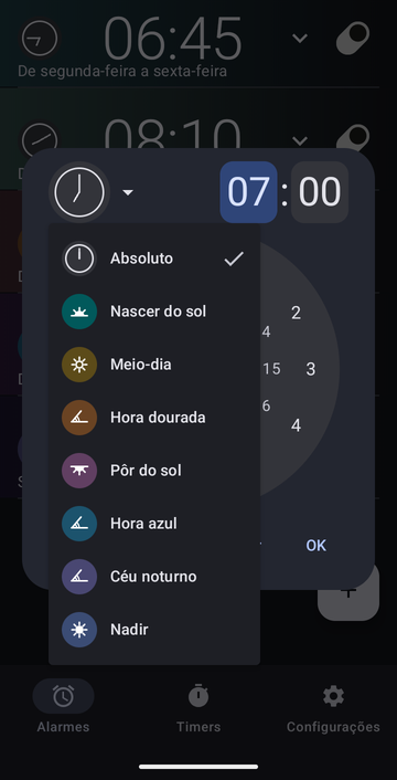 A caixa de criação de alarme, com o menu de âncoras aberto: Absoluto (marcado), Nascer do sol, Meio-dia, Hora dourada, Pôr do sol, Hora azul, Céu noturno e Nadir.