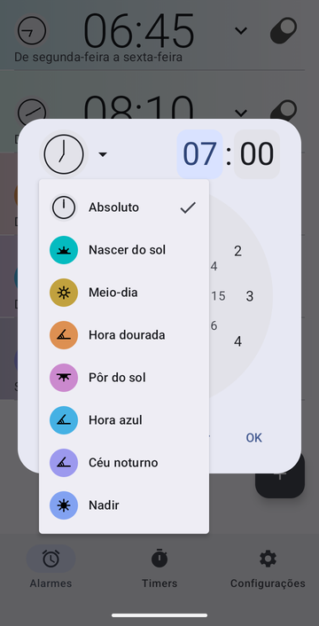 A caixa de criação de alarme, com o menu de âncoras aberto: Absoluto (marcado), Nascer do sol, Meio-dia, Hora dourada, Pôr do sol, Hora azul, Céu noturno e Nadir.