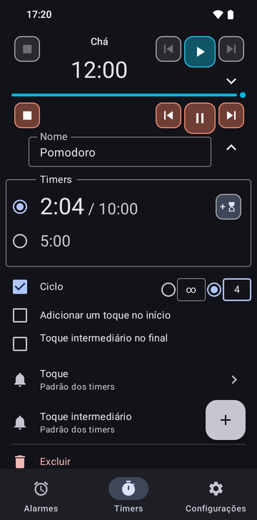 A sequência Chá aberta na aba Timers do Risetime: seu nome, seu único timer em 12:00 com um botão para adicionar outro, as chaves Ciclo, Adicionar um toque no início e Toque intermediário no final, todas desligadas, a linha Toque em Padrão dos timers, a linha Toque intermediário em Não usado: um só timer, sem ciclo, sem toque no início, e Excluir. Abaixo, a linha Pomodoro recolhida, rodando em 1:42 de 10:00.