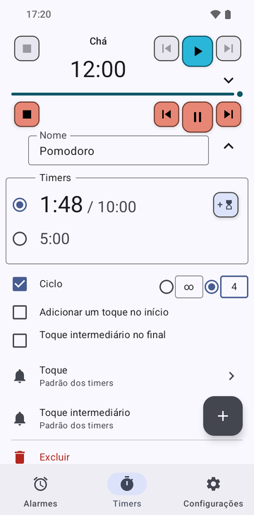A sequência Chá aberta na aba Timers do Risetime: seu nome, seu único timer em 12:00 com um botão para adicionar outro, as chaves Ciclo, Adicionar um toque no início e Toque intermediário no final, todas desligadas, a linha Toque em Padrão dos timers, a linha Toque intermediário em Não usado: um só timer, sem ciclo, sem toque no início, e Excluir. Abaixo, a linha Pomodoro recolhida, rodando em 1:42 de 10:00.