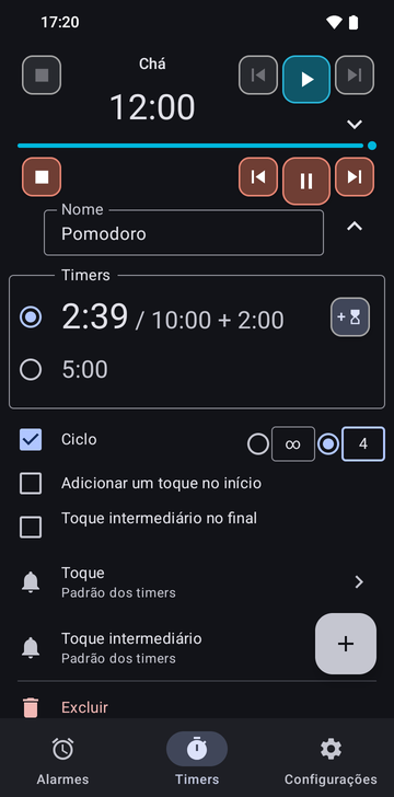 A aba Timers com o timer Chá aberto e, abaixo, a sequência Pomodoro rodando em 2:05 de 10:00, com 1 minuto adicionado. A linha que roda tem os botões parar, timer anterior, pausar e próximo timer, e um botão para adicionar 1 minuto; Adicionar timer fica abaixo, acima das abas Alarmes, Timers e Configurações.
