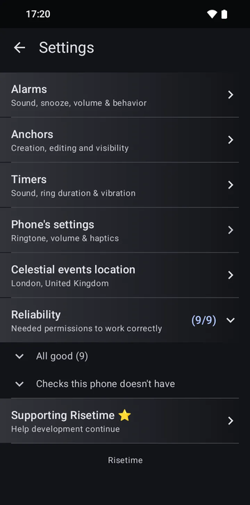 Risetime settings screen with rows for Alarms, Anchors, Timers, Phone's settings and Celestial events location, set to London, United Kingdom. The Reliability row, marked 8/8, is unfolded onto All good (8) and Checks this phone doesn't have. Supporting Risetime sits below, and the footer reads Risetime.
