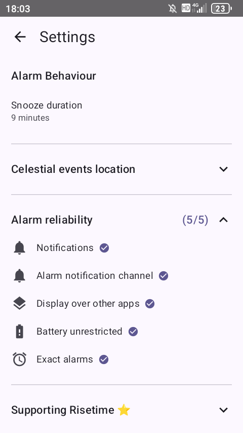 Risetime settings screen showing Alarm Behaviour, Celestial events location, and Alarm reliability section with five green checkmarks for all permissions. A Supporting Risetime section is visible at the bottom.