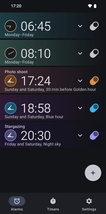 The Risetime alarm list with five alarms: 06:45 and 08:10 Monday–Friday at fixed times; 17:21 on Sunday and Saturday, 30 min before Golden hour; 18:58 on Sunday and Saturday at Blue hour; and 20:30 on Friday and Saturday at Night sky.