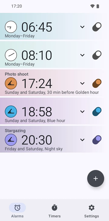The Risetime alarm list with five alarms: 06:45 and 08:10 Monday–Friday at fixed times; 17:21 on Sunday and Saturday, 30 min before Golden hour; 18:58 on Sunday and Saturday at Blue hour; and 20:30 on Friday and Saturday at Night sky.