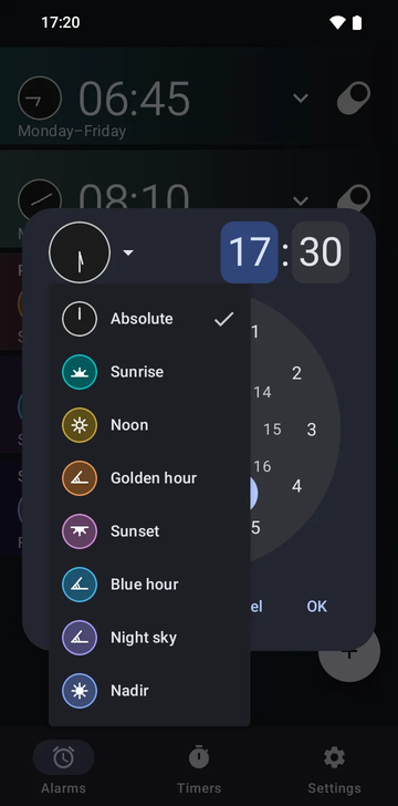 The new-alarm dialog with its anchor menu open, listing Absolute, Sunrise, Noon, Golden hour, Sunset, Blue hour, Night sky and Nadir.