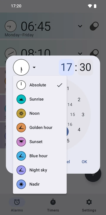 The new-alarm dialog with its anchor menu open, listing Absolute, Sunrise, Noon, Golden hour, Sunset, Blue hour, Night sky and Nadir.
