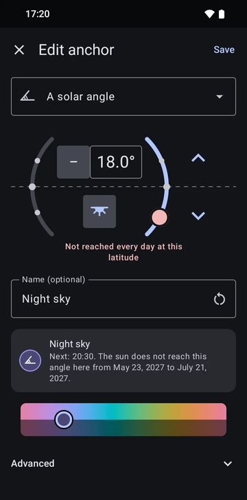 The anchor editor on A solar angle, set to −18.0° on the evening side, with a red warning, Not reached every day at this latitude, named Night sky, with the preview: Next: 20:30. The sun does not reach this angle here from May 23, 2027 to July 21, 2027.