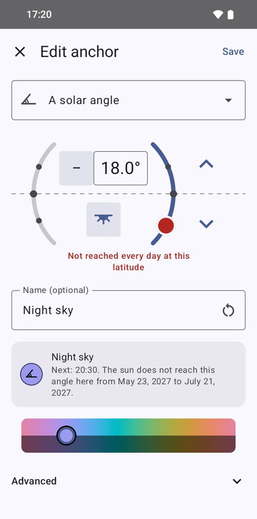 The anchor editor on A solar angle, set to −18.0° on the evening side, with a red warning, Not reached every day at this latitude, named Night sky, with the preview: Next: 20:30. The sun does not reach this angle here from May 23, 2027 to July 21, 2027.