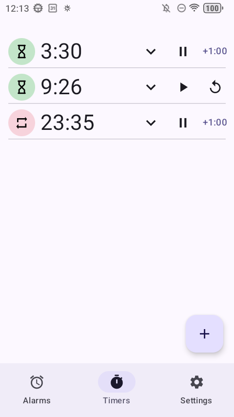 Risetime timers list showing three countdowns: 3:30 running, 9:26 paused with a reset button, and 23:35 running with a pink repeat badge. Each row has a chevron, a play or pause button, and a plus one minute button.