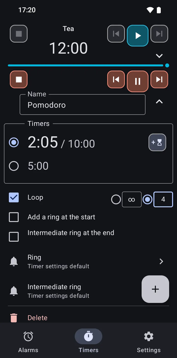 The Tea sequence opened in Risetime's Timers tab: one timer at 12:00, the Loop, Add a ring at the start and Intermediate ring at the end switches all off, the Ring row at Timer settings default, the Intermediate ring row marked not used (one timer, no loop, no ring at the start), and a Delete row, with the folded Pomodoro row below it at 1:42 of 10:00.