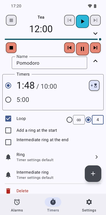 The Tea sequence opened in Risetime's Timers tab: one timer at 12:00, the Loop, Add a ring at the start and Intermediate ring at the end switches all off, the Ring row at Timer settings default, the Intermediate ring row marked not used (one timer, no loop, no ring at the start), and a Delete row, with the folded Pomodoro row below it at 1:42 of 10:00.