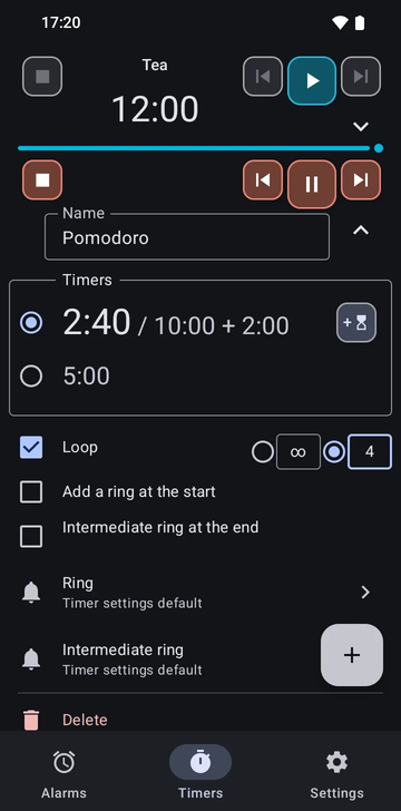 The Timers tab with the Tea timer, opened, and below it the Pomodoro sequence running at 2:05 of 10:00, with one minute added. The running row has stop, previous, pause and next buttons and an add-one-minute button; Add timer sits below, above the Alarms, Timers and Settings tabs.