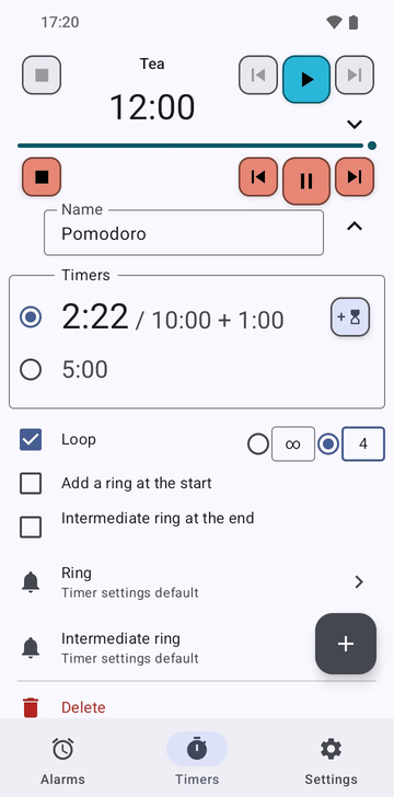 The Timers tab with the Tea timer, opened, and below it the Pomodoro sequence running at 2:05 of 10:00, with one minute added. The running row has stop, previous, pause and next buttons and an add-one-minute button; Add timer sits below, above the Alarms, Timers and Settings tabs.