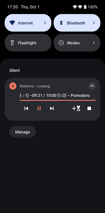 A Risetime timer notification on the phone's notification shade: a single card with a countdown and two action buttons, and no ringing screen.