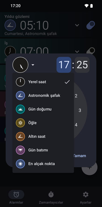 17:25'e ayarlı yeni alarm penceresi, çıpa menüsü açık: Local time (işaretli), Astronomical dawn, Sunrise, Noon, Golden hour, Sunset ve Nadir.