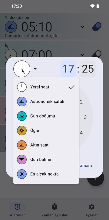 17:25'e ayarlı yeni alarm penceresi, çıpa menüsü açık: Local time (işaretli), Astronomical dawn, Sunrise, Noon, Golden hour, Sunset ve Nadir.