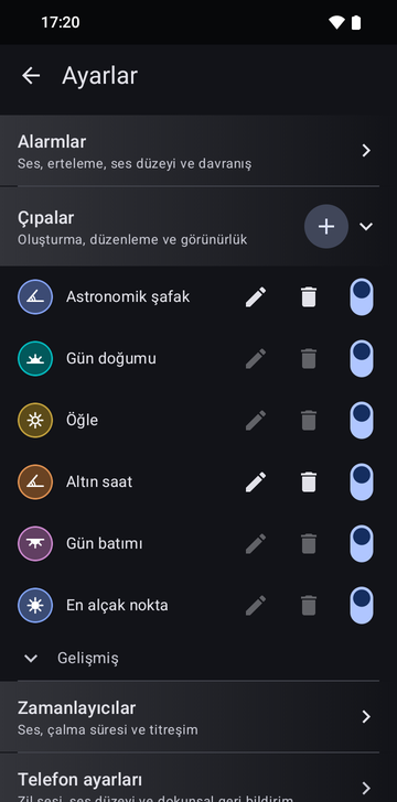 Ayarlar, Anchors bölümü açık: altı çıpa, Astronomical dawn, Sunrise, Noon, Golden hour, Sunset ve Nadir, bir artı düğmesiyle. Yalnızca iki özel çıpanın, Astronomical dawn ve Golden hour, düzenle ve sil düğmeleri etkin. Her satırda bir görünürlük anahtarı var, hepsi açık. Altta Advanced, kapalı.