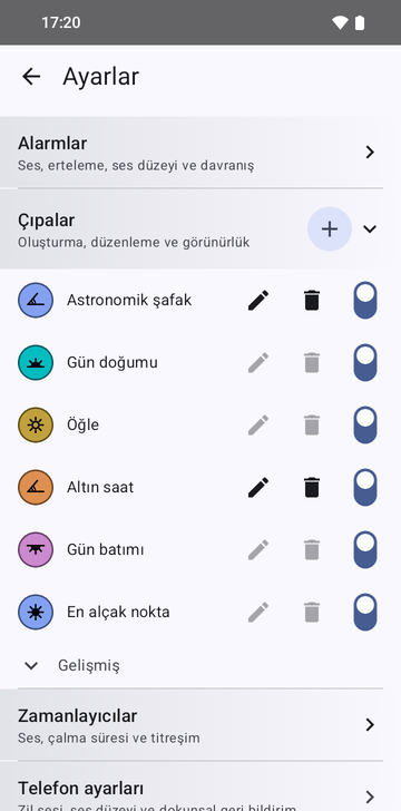 Ayarlar, Anchors bölümü açık: altı çıpa, Astronomical dawn, Sunrise, Noon, Golden hour, Sunset ve Nadir, bir artı düğmesiyle. Yalnızca iki özel çıpanın, Astronomical dawn ve Golden hour, düzenle ve sil düğmeleri etkin. Her satırda bir görünürlük anahtarı var, hepsi açık. Altta Advanced, kapalı.