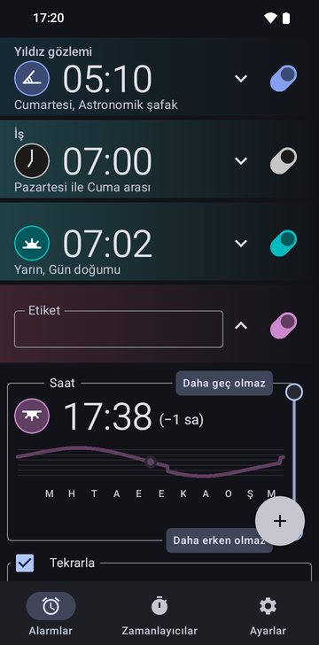Alarm listesinde açık 17:38 alarm kartı; üstünde Stargazing, Work ve 07:02 Sunrise alarmı var: boş bir Label alanı, 17:38 (−1 hr) yazan Time bölümü ve alarm saatinin yıl boyunca eğrisi, Never after ve Never before sınır tutamaçları, altta işaretli bir Repeat kutusu.