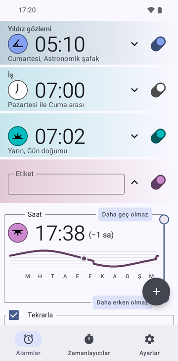 Alarm listesinde açık 17:38 alarm kartı; üstünde Stargazing, Work ve 07:02 Sunrise alarmı var: boş bir Label alanı, 17:38 (−1 hr) yazan Time bölümü ve alarm saatinin yıl boyunca eğrisi, Never after ve Never before sınır tutamaçları, altta işaretli bir Repeat kutusu.