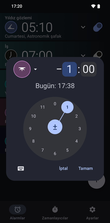 Sunset çıpasına ve eksi 1 saat 00 dakikalık farka ayarlı yeni alarm penceresi, saat kadranı 1'de ve Today: 17:38 satırı.