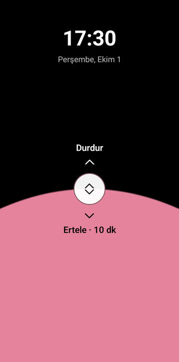 Risetime uygulamasının çalan bir alarm için kapatma ekranı: 17:30, Perşembe, 1 Ekim; yuvarlak bir kaydırıcı tutamacının üstünde Stop etiketi ve altında Snooze · 10 min; siyah zeminde altta pembe bir eğri.