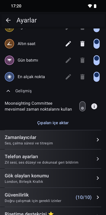 Risetime ayarları, Anchors bölümü, Advanced açık: Use Moonsighting Committee seasonal moments anahtarı ve altında, Timers satırının üstünde, Import anchors düğmesi.