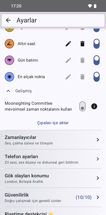 Risetime ayarları, Anchors bölümü, Advanced açık: Use Moonsighting Committee seasonal moments anahtarı ve altında, Timers satırının üstünde, Import anchors düğmesi.