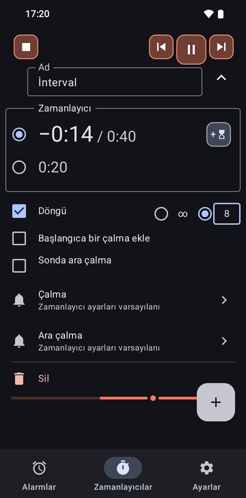 Intervals dizisi Risetime uygulamasının Zamanlayıcılar sekmesinde çalışırken açılmış: iki zamanlayıcı, −0:15 / 0:40 seçili ve 0:20; Loop işaretli ve 8 tur seçili; Add a ring at the start ve Intermediate ring at the end işaretsiz.