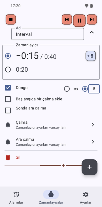 Intervals dizisi Risetime uygulamasının Zamanlayıcılar sekmesinde çalışırken açılmış: iki zamanlayıcı, −0:15 / 0:40 seçili ve 0:20; Loop işaretli ve 8 tur seçili; Add a ring at the start ve Intermediate ring at the end işaretsiz.