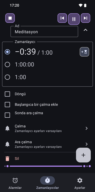 Risetime uygulamasının Zamanlayıcılar sekmesinde açılmış Meditation dizisi: üç zamanlayıcı, −0:40 / 1:00 seçili, 1:00:00 ve 1:00; Loop, Add a ring at the start ve Intermediate ring at the end işaretsiz; Ring ve Intermediate ring satırları Timer settings default değerinde.