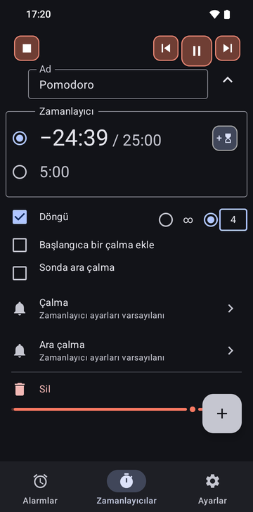 Pomodoro dizisi Risetime uygulamasının Zamanlayıcılar sekmesinde çalışırken açılmış: iki zamanlayıcı, −24:40 / 25:00 seçili ve 5:00; Loop işaretli ve 4 tur seçili; Add a ring at the start ve Intermediate ring at the end işaretsiz; Ring ve Intermediate ring satırları Timer settings default değerinde ve bir Delete satırı.