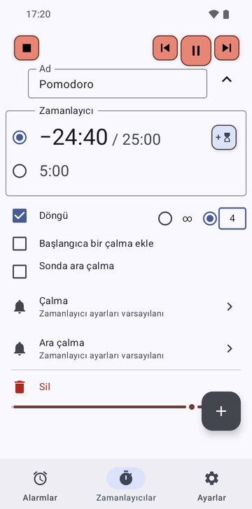 Pomodoro dizisi Risetime uygulamasının Zamanlayıcılar sekmesinde çalışırken açılmış: iki zamanlayıcı, −24:40 / 25:00 seçili ve 5:00; Loop işaretli ve 4 tur seçili; Add a ring at the start ve Intermediate ring at the end işaretsiz; Ring ve Intermediate ring satırları Timer settings default değerinde ve bir Delete satırı.